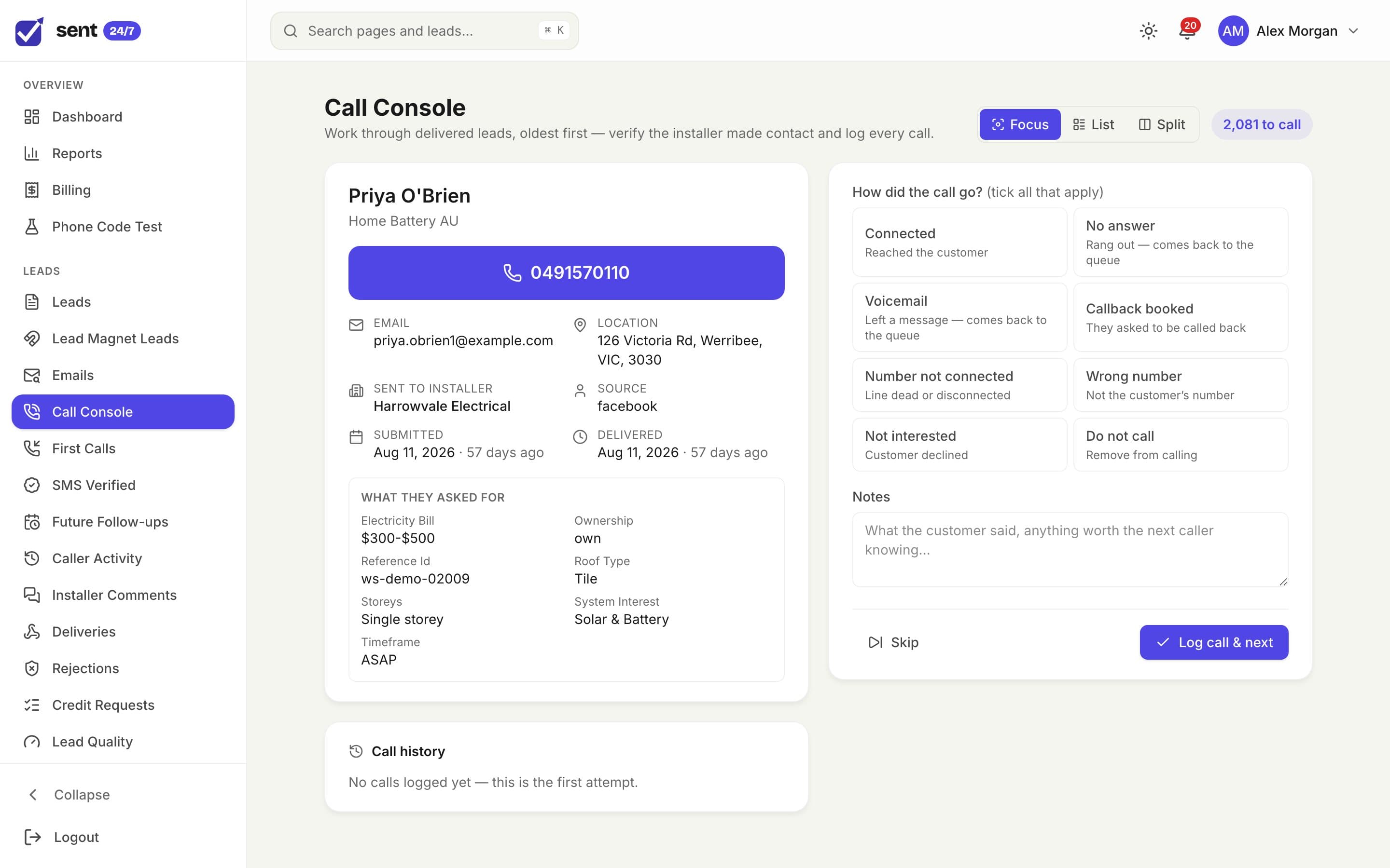 The Call Console: a lead with phone, address, buyer and what they asked for, next to call outcome options and notes.