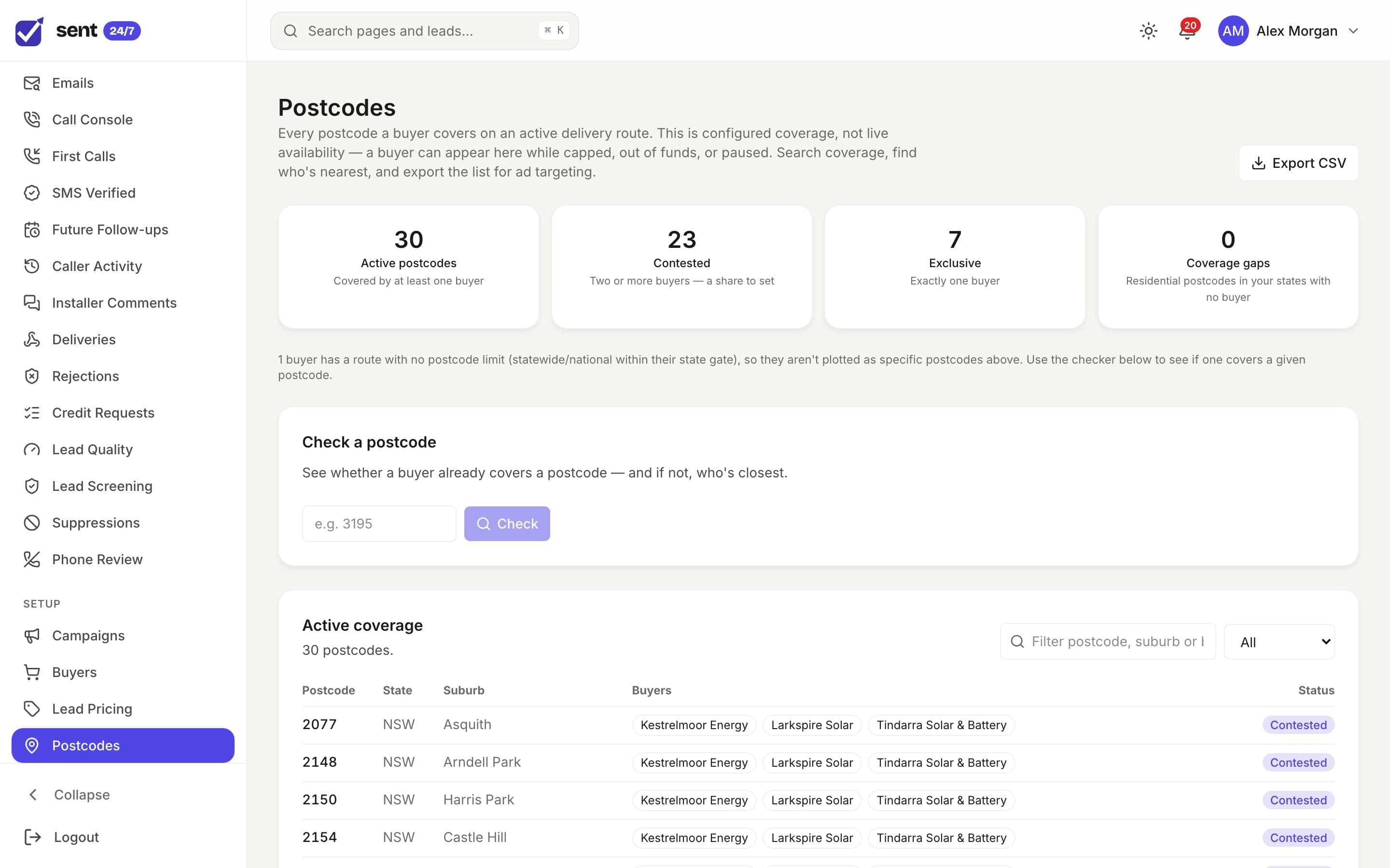 The Postcodes page: active, contested and exclusive postcodes, a postcode checker, and a table of which buyers cover each postcode.